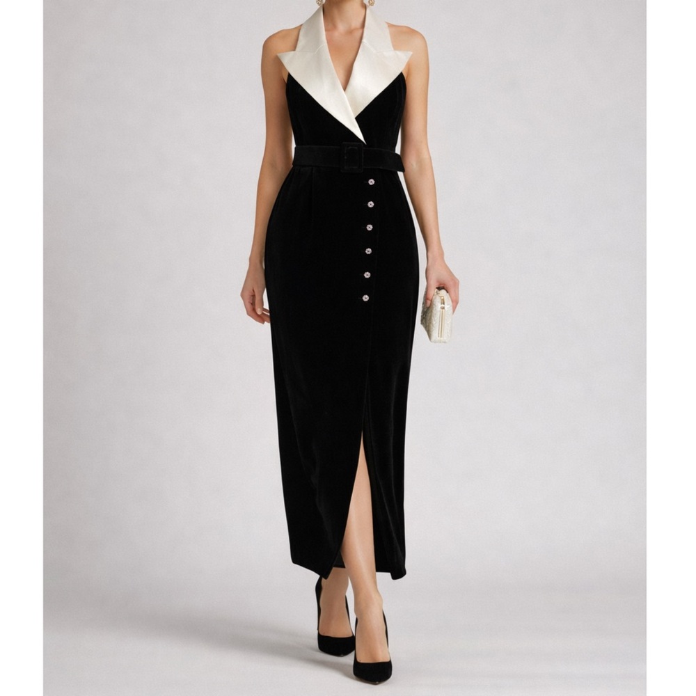 SOLD Vintage Saks Fifth Avenue Black Velvet Halter Gown Dress Tuxedo Lapel 8